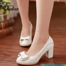 Spring/autumn PU embossed leather High Heels Sweet Shoes Pumps Slip-on thick Heels Lovely bowtie shoes Size 32-43