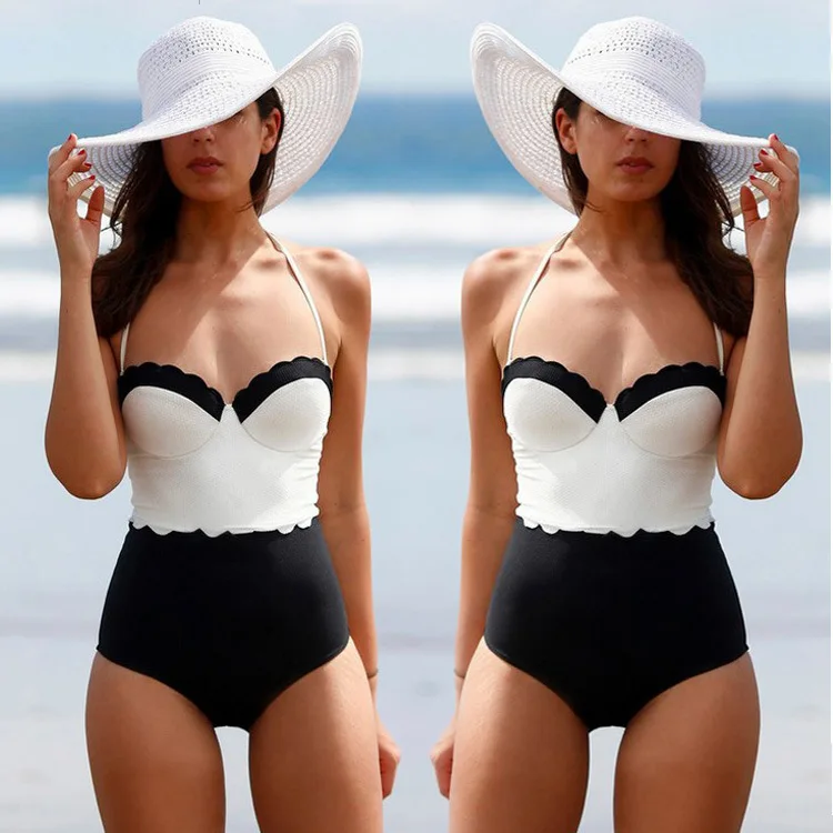 Белый черный Монокини полосатый купальник женский топ купальники с завязкой на шее Цельный купальник винтажный, пляжная одежда женский боди для серфинга beac