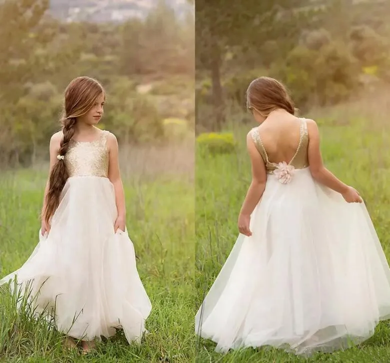 Newest Flower Girls Dresses For Weddings Princess Style Boat Neck Backless Gold Sequins On Top Tulle A-Line 2018 Customized Gown Newest Flower Girls Dresses For Weddings Princess Style Boat Neck Backless Gold Sequins On Top Tulle A-Line 2018 Customized Gown