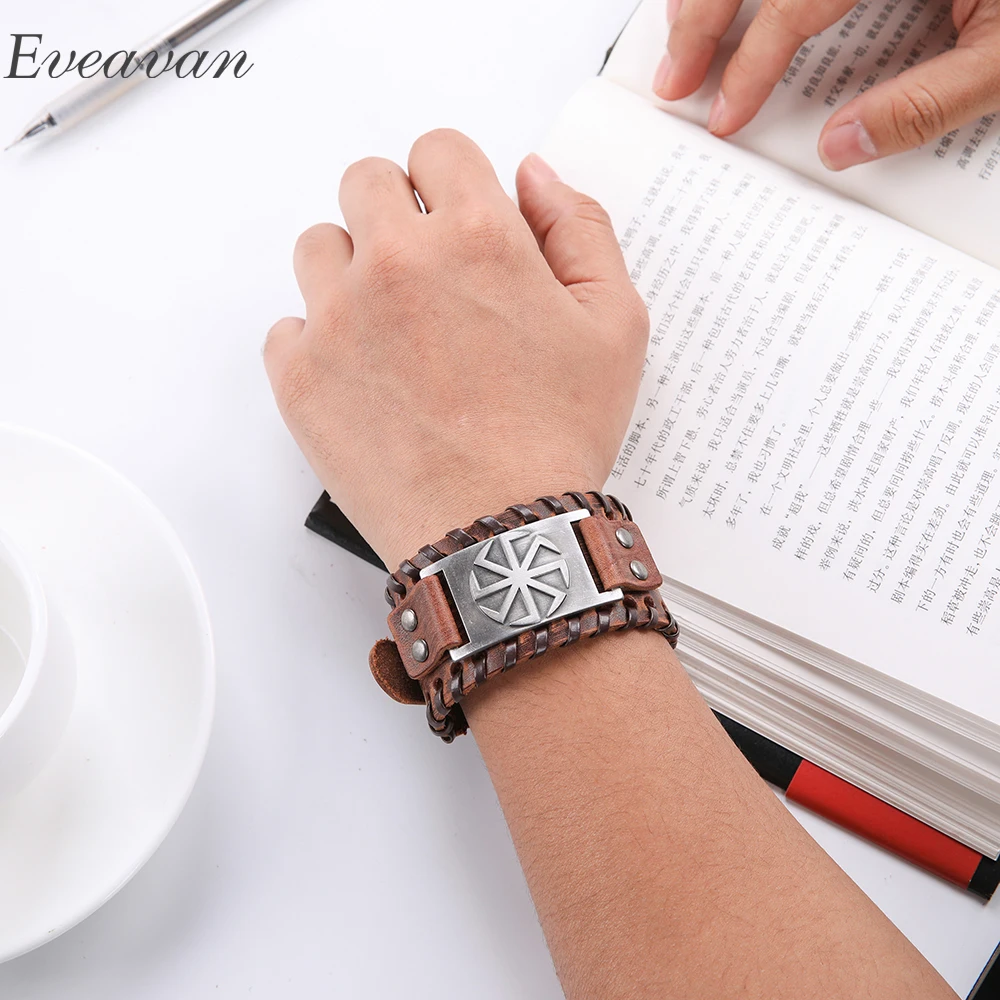 

EUEAVAN 5pcs Viking Antique Slavic Kolovrat Amulet Bracelet Sun Wheel Charm Genuine Leather Bangle Jewelry For Men Wholesale
