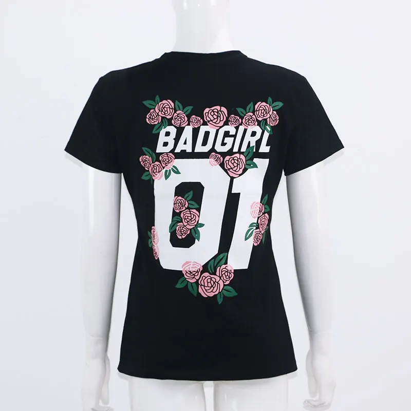 OMSJ Matching Couple Lover T Shirts Women 2018 Summer Fashion T-shirts Letter BAD GIRL BAD BOY 01 Flowers Print Tees for love