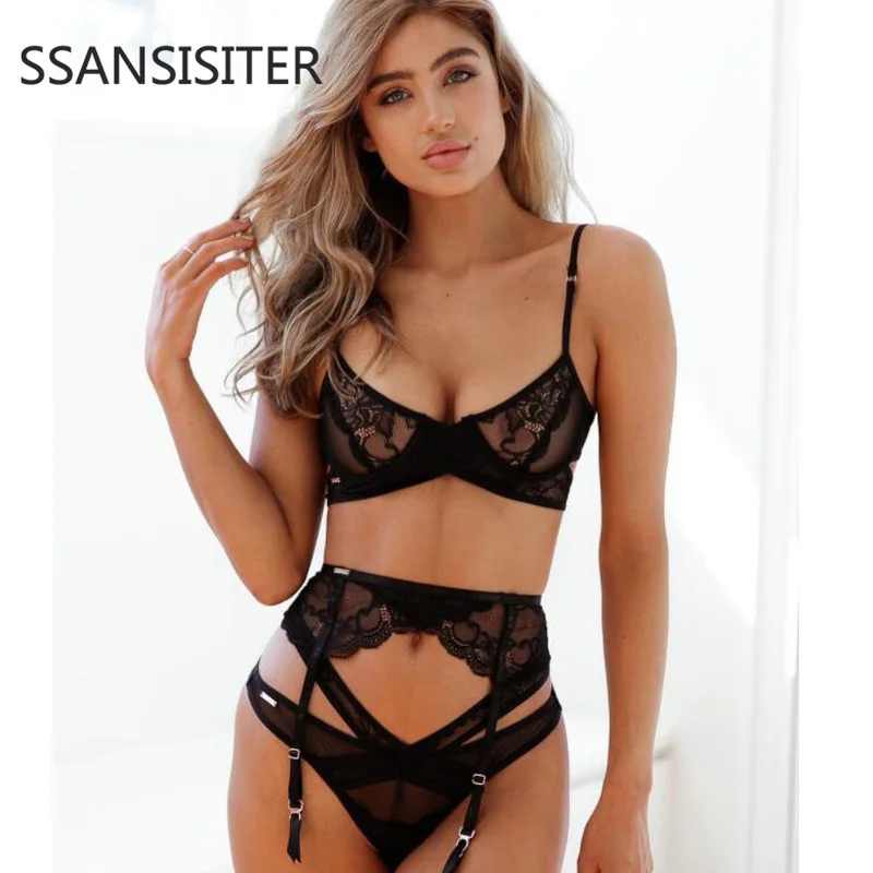 

3PCS Women Sexy Sets Thin Lace Transparent Bra + G-string + Garter Lingerie Sets Cueca Bralette Plus Size Lingerie Briefs Suits