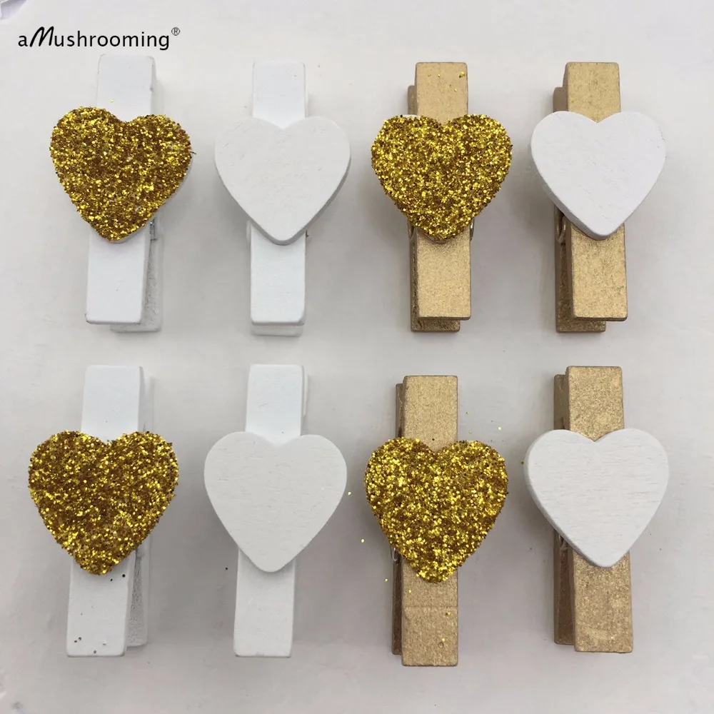 Set of 20 Gold Glitter Heart Clothespins Rustic Wedding 