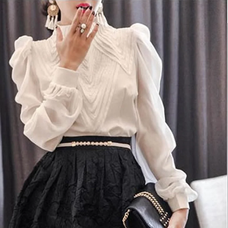  Female Long-sleeved Shirt Spring Aristocratic Stand Collar Long Puff Sleeve Chiffon Blouse Women El