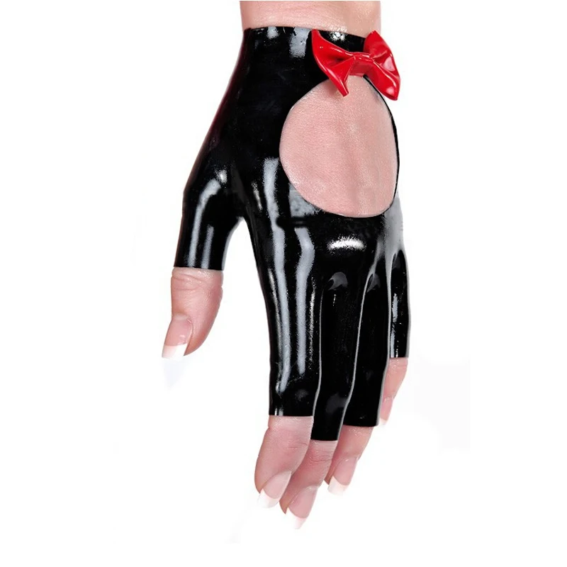 

sexy exotic lingerie outdoor club wear women men unisex handmade latex open hole half fingers short bow-knot gloves cekc zentai