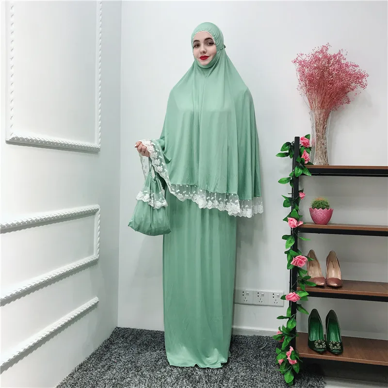 Рамадан абайя Турция кружево мусульманское платье Кафтан Дубай для женщин Caftan Tesettur Elbise молитва Eid платье vestidos халат Исламская одежда - Цвет: Зеленый