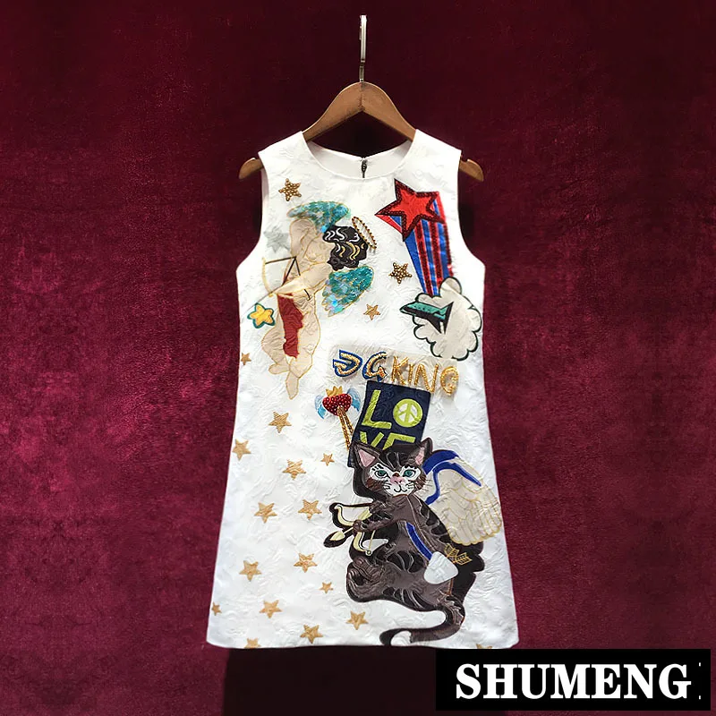 

New Fashion Cartoon Cat Printing Hand Beaded Loose Age-reducing Vest Dress Spring and Summer Lady Girls Slim Tank Dresses