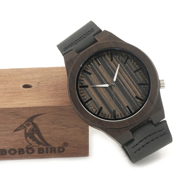 BOBO BIRD 100% Natural Ebony Wooden Bamboo Watches With Real Leather Casual Watches for Man In Gift Box