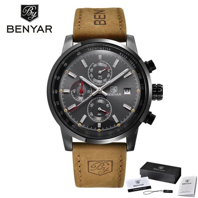 Мужские часы BENYAR, модный бренд, спортивные кварцевые часы, кожаный Хронограф, водонепроницаемые часы, военные мужские часы horloges mannen - Цвет: Красный