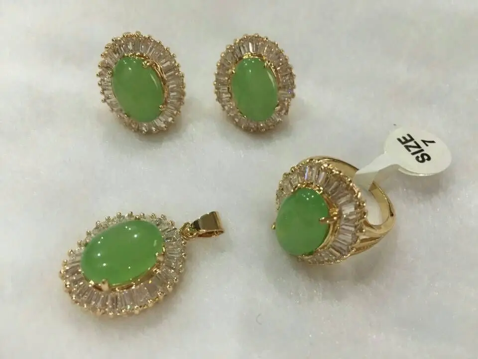 

latest fashion noble 10*14mm green jade earrings ring(#7-9) & pendant with chain jewerly sets 5.31