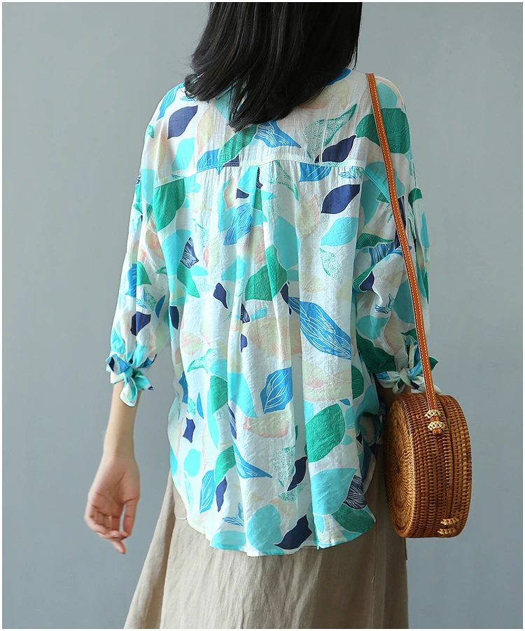 شخصية اللون ورقة طباعة ثلاثة أرباع كم قميص الصيف بلوزة الإناث