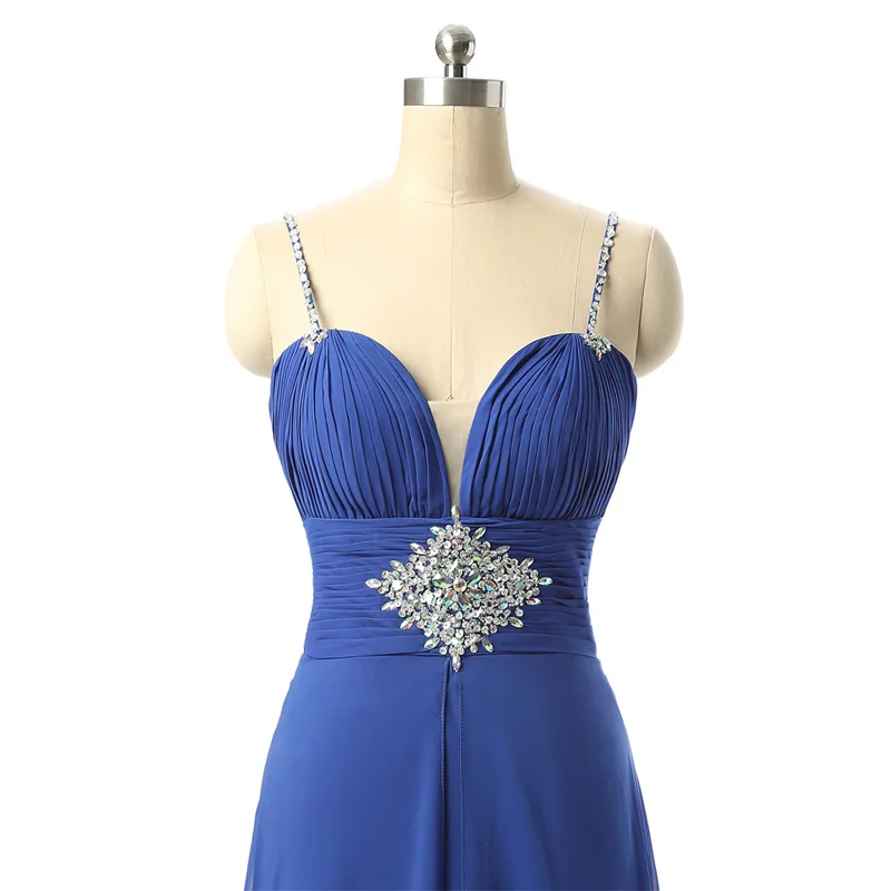 JaneVini Королевский синий шифон бисером длинное платье подружки невесты Спагетти бретели для нижнего белья спереди разделение развертки