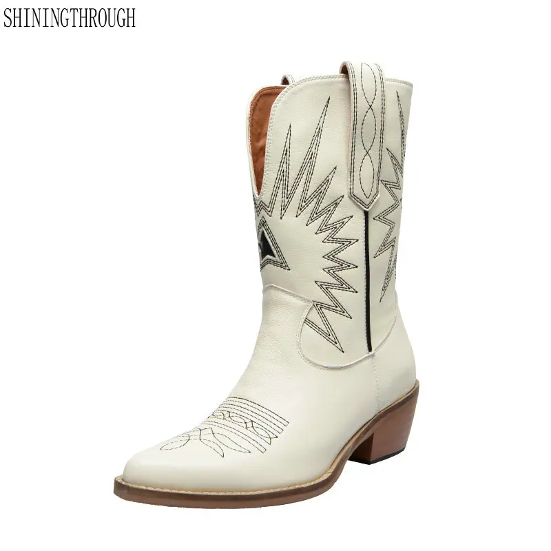 

Brand Women mid-calf Boots Genuien Leather Thick high Heels Ladies Shoes Woman 2019 Short Basic Boots black white