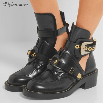 

Stylesowner Sexy Women Mortorcycle Ankle Boots Hollow Out Big Metal Buckle Real Leather Boots Chunky Heel Short Botas Mujer Chic