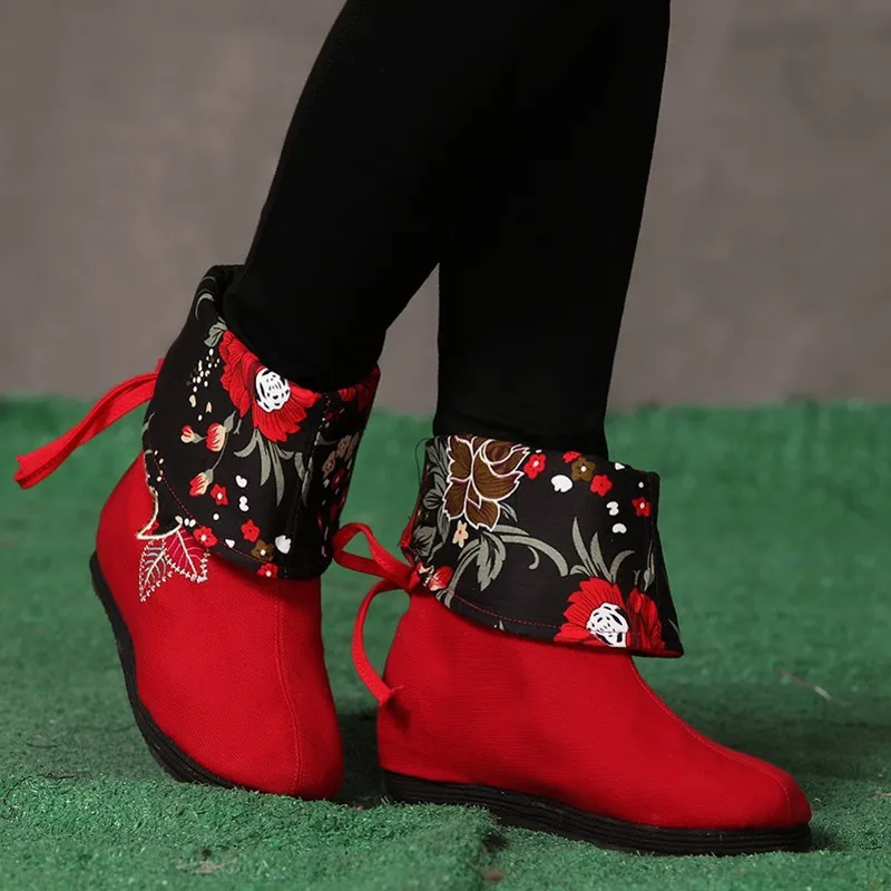 

Women Autumn Winter Height Increase Elevator Round Toe Embroidery Lace Up Fashion Chinese Style Ankle Boots Size 36-39 SXQ0812