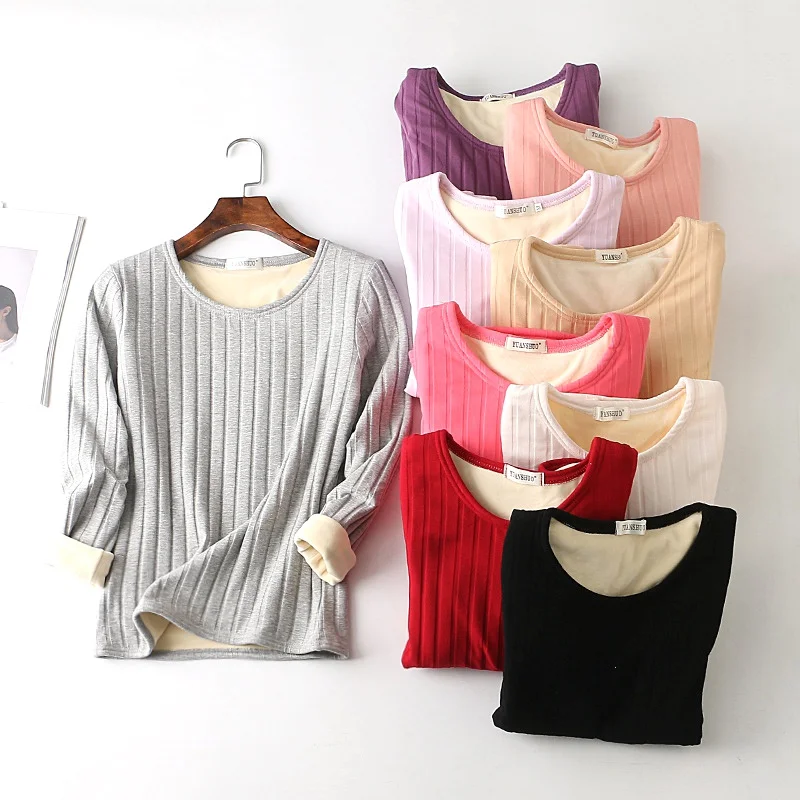 

EFINNY Slim Basic Underwear Women Winter Velvet Thermal Shirt Female Elegant Thick Warm Striped Tops Inner Wear