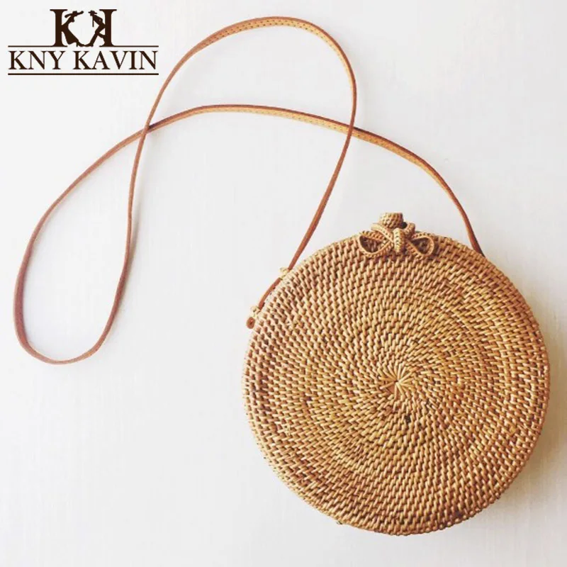 

KNY KAVIN Handmade Woven Bag Round Rattan Straw Bags Satchel Style Bohemia Bali Island Beach Circle Bag for Women 2018 Summer