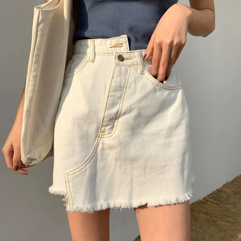 

Casual Irregular White Women Jeans Skirt High Waist Tassel Denim Skirts All-matched Female A-line Mini Skirt 2019 Spring Summer