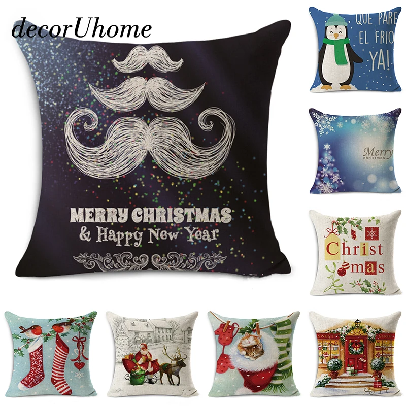 

decorUhome Nordic Linen Pillow Case Christmas Santa Claus Moustache Cushion Cover Decorative Throw Pillow Cover Sofa Home Decor
