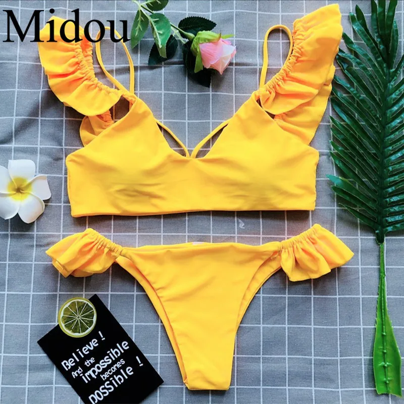 Midou 2019 Новое пикантное женское бикини купальник с оборками глубоким вырезом