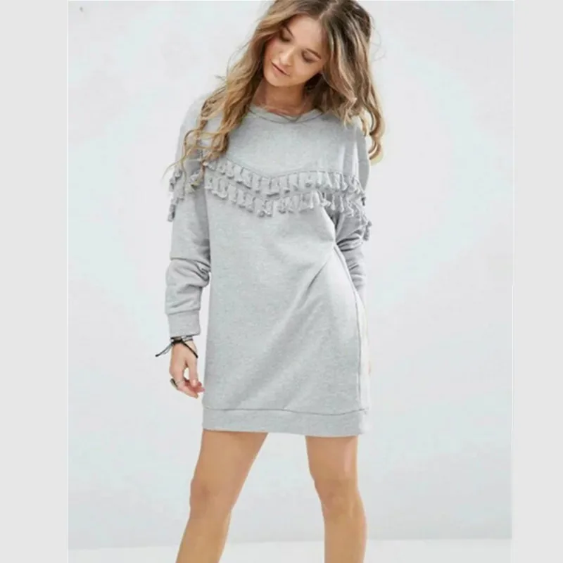 RIUOOPLIE Women Round Collar Long Sleeve Tassels Pullover