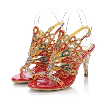 

2019 Summer Red Large Size Peacock Pattern Stiletto Sandals Ethnic Style Sandals Rhinestone Sandals Buckle Open Toe High Heels 8
