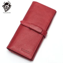 Cartera de vino retro de Color rojo de Tauren, 100% de piel de vaca auténtica, cartera larga de alta calidad para mujer, monedero Vintage de diseñador para hombre