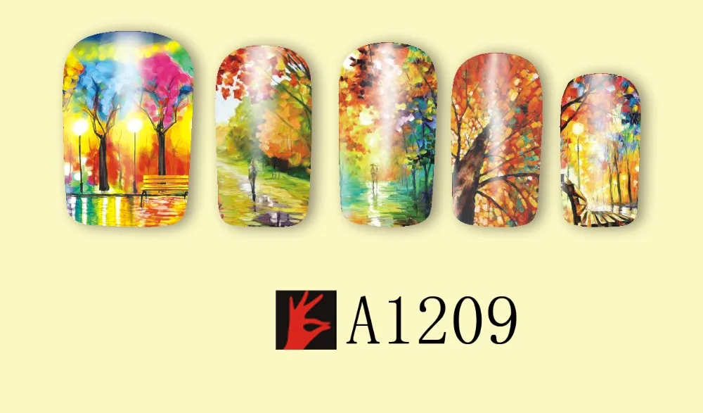 12 дизайнов, осенний кленовый лист, ландшафтный дизайн, переводные наклейки для ногтей, водные переводные наклейки, Полное Обертывание, кончики для ногтей, Декор, LAA1201-1212