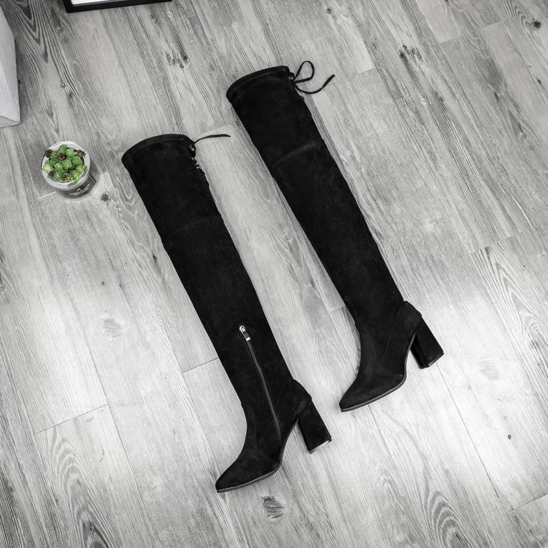 Женские зимние сапоги на высоком каблуке с боковой молнией г. Модная простая и удобная Деловая одежда черного цвета вечерние сапоги до колена
