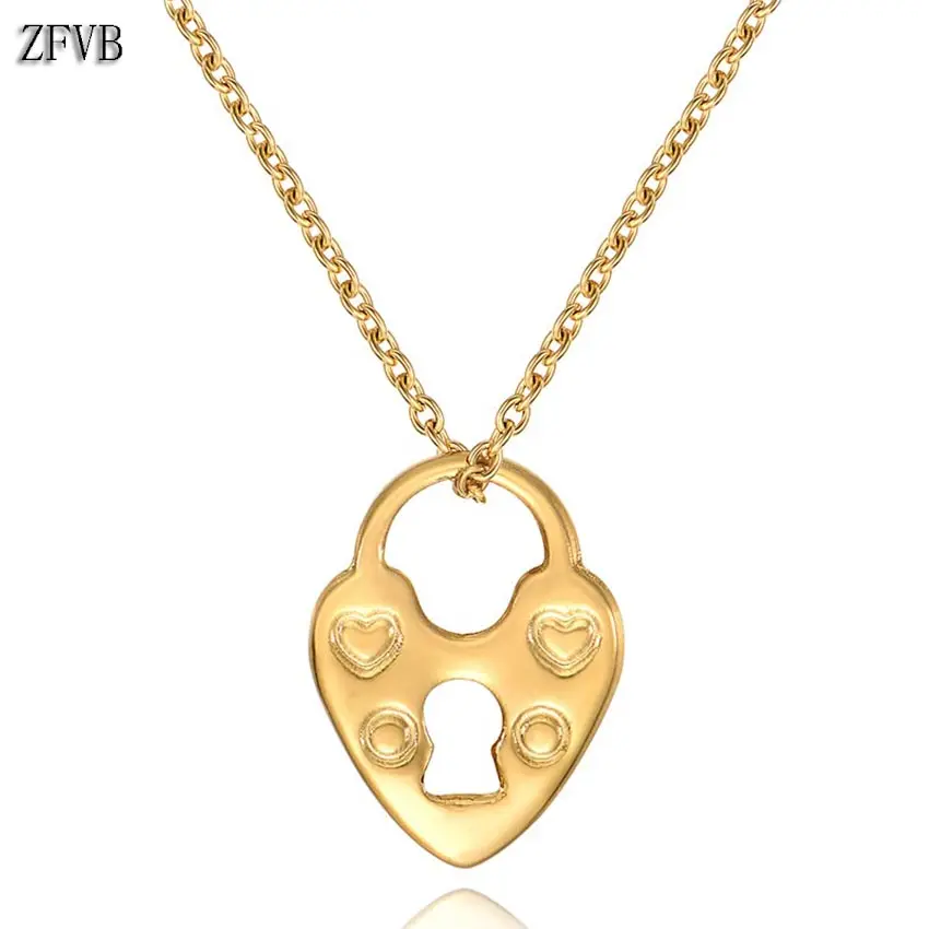 ZFVB Classic Key Lock Necklaces Pendants Stainless Steel Gold Silver color Lock Pendant Necklace ...