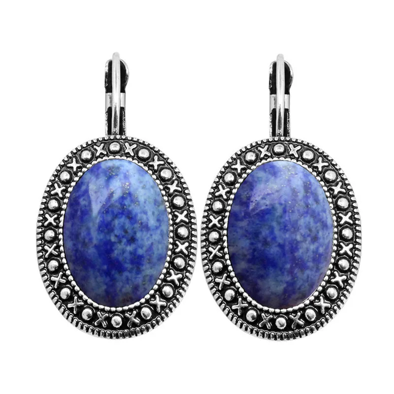 Натуральный Лазурит Серьги Винтаж кулон серьги для Для женщин Античная Посеребренная Модные украшения - Metal Color: Natural Stone-Blue