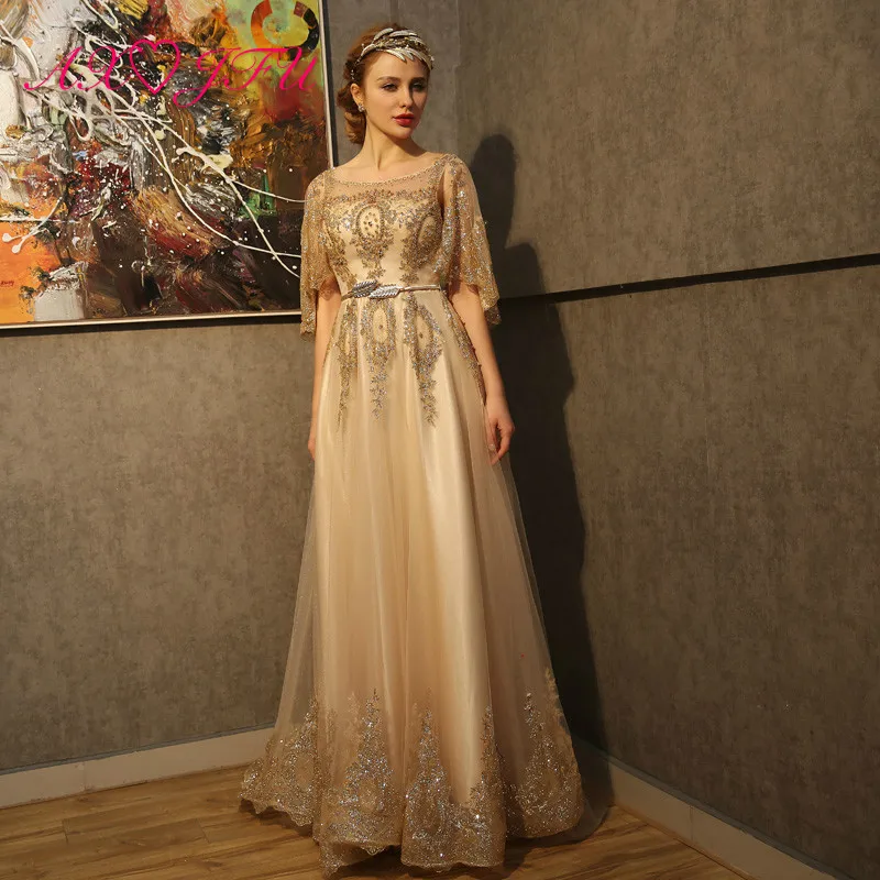 

AXJFU princess flower golden lace evening dress luxury vintage o neck beading feather sashes gold powder red lace evening dress