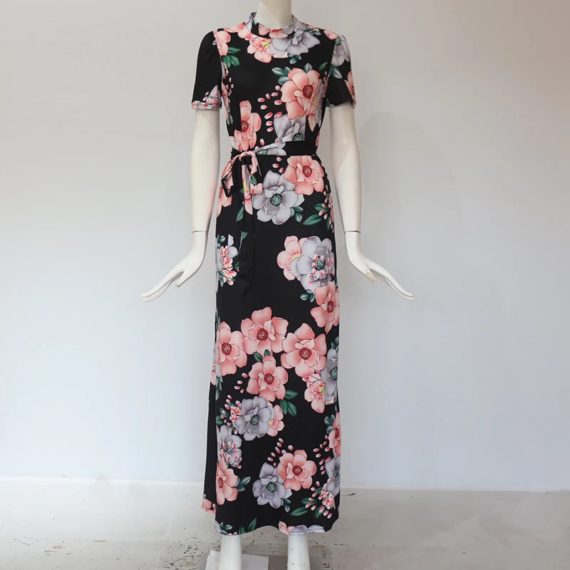Women Summer Dress  Casual Short Sleeve Long Dress Boho Floral Print Maxi Dress Turtleneck Bandage Elegant Dresses Vestido