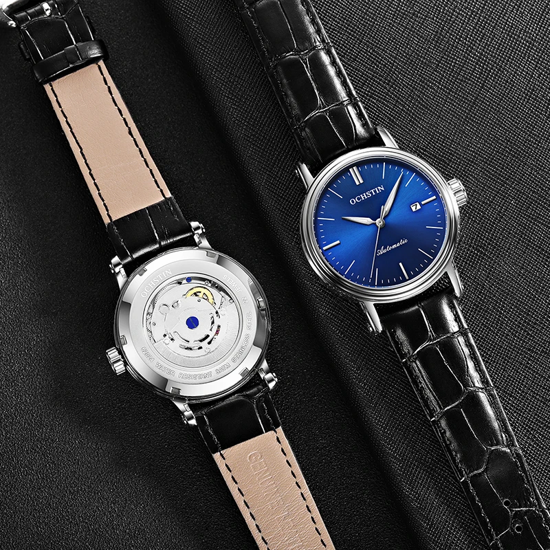 الفاخرة أعلى العلامة التجارية جلد الرجال الميكانيكية ووتش الجوف الهيكل العظمي التلقائي أزياء ووتش الذكور ساعة مضيئة تاريخ ساعة يد رياضية