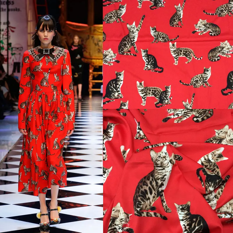 

145cm red cat print fabric diy shirt dress scarf satin fabric clothing polyester pajamas fabric material wholesale cloth