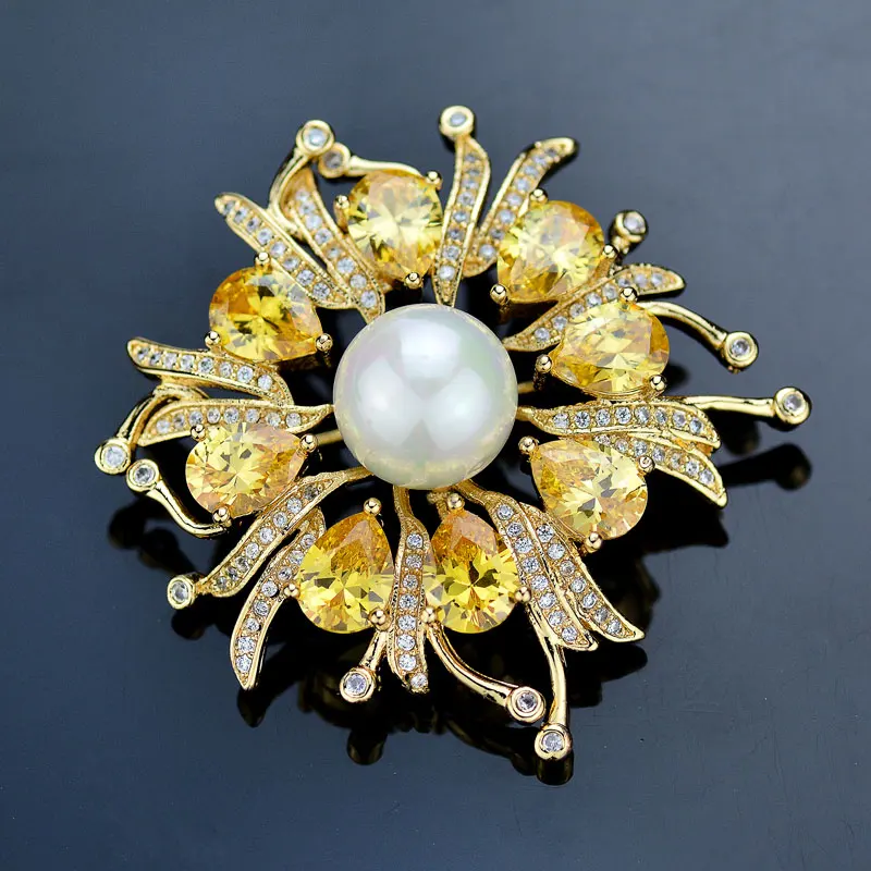 

Tisvina Yellow Zircon Crystal Flower Pearl Brooches for Women Gold Color Brooch Pin & Pendant Collar Clip Dress Costume Jewelry