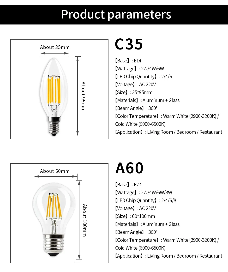 Светодиодный лампочка накаливания E27 E14, винтажная лампа Эдисона 220 В, 110 В, ретро светильник в виде свечи, глобус, ампула, светильник ing COB, домашний декор с регулируемой яркостью