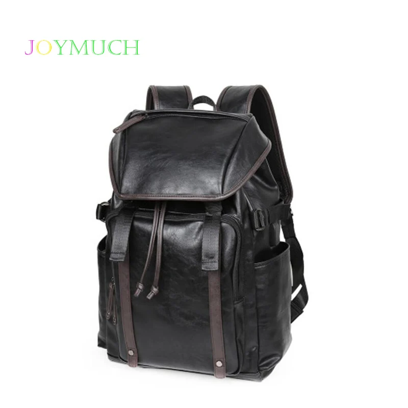 

New shoulder bag men casual drawstring opening large capacity student travel 14 inch laptop bag PU production men's backpack