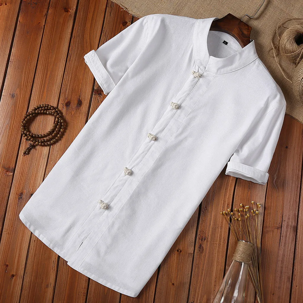 

Summer Shirt Men Plus Size Button Linen And Cotton Short Sleeve Blouse Chinese Style White Men Vintage Shirt Camisa Masculina