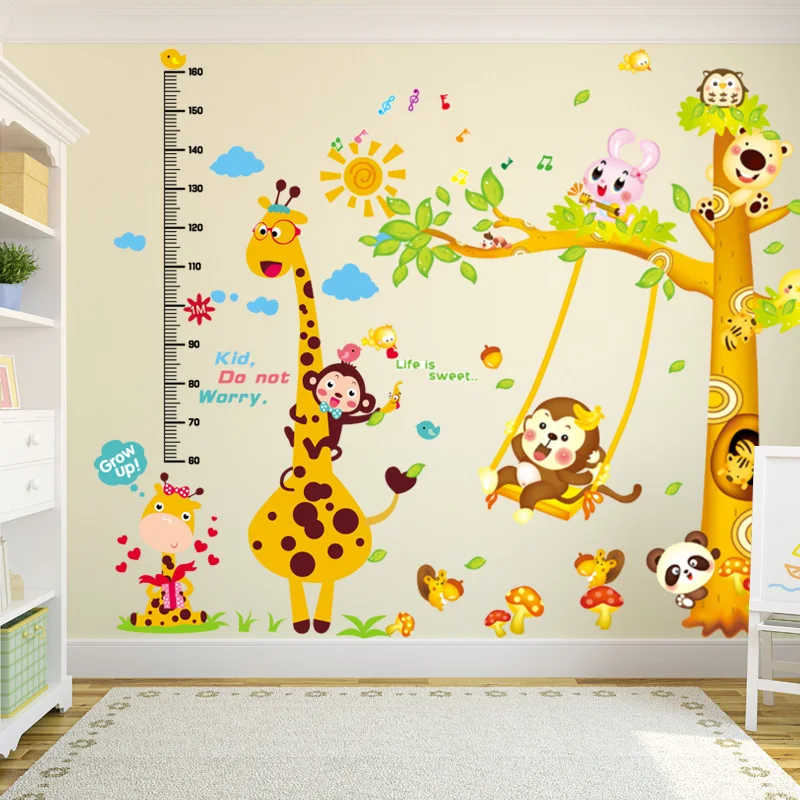 

[SHIJUEHEZI] Giraffe Monkeys Tree Wall Stickers DIY Height Measure Animals Wall Decals for Kids Bedroom Baby Room Decoration