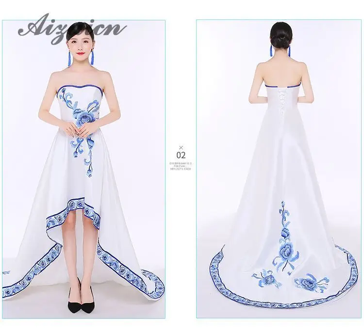 Blanc фарфор Cheongsam Роскошные Длинные вечерние платья мода показывает шлейфом Традиционный китайский Свадебные Китай 15 стиль