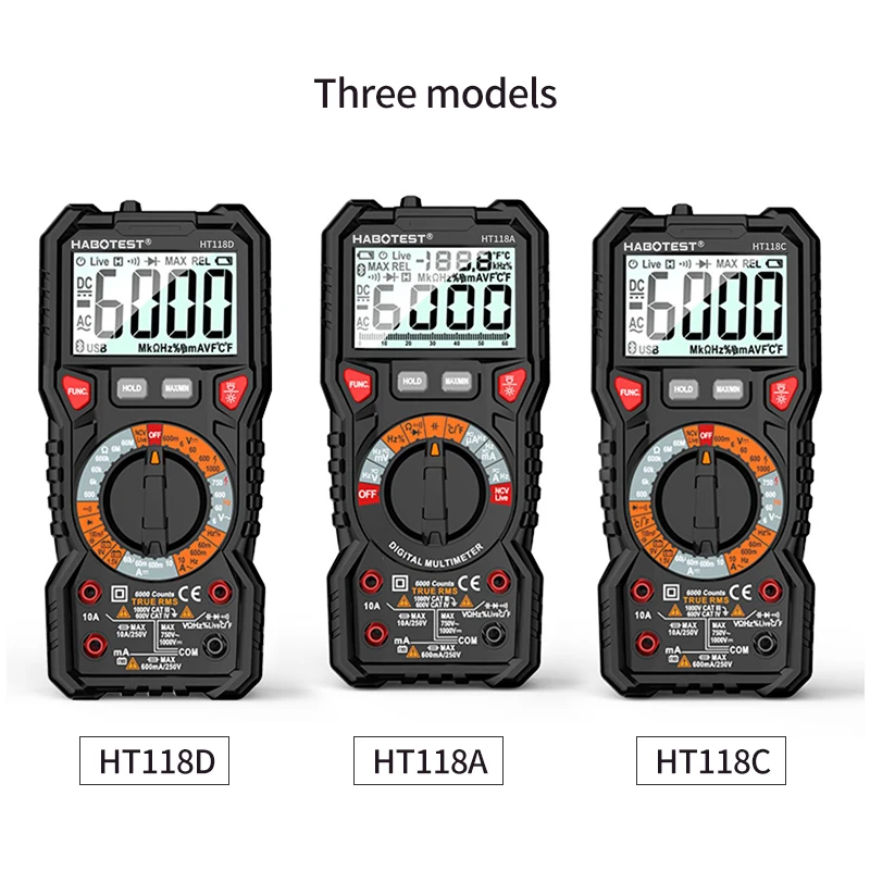 HABOTEST HT118A / C / D Цифровой мультиметр Автоматический диапазон NCV True RMS AC / DC 6000 отсчетов Двухцветный экран Индикатор напряже