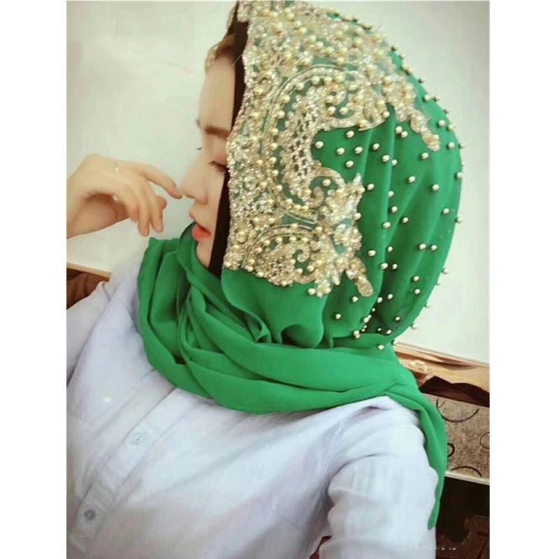 New high class collection beading Muslim women lace chiffon hijab long scarf head warp arab womens headwear #CJ899 | Тематическая