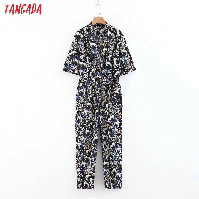 

Tangada women floral print long pants jumpsuit fashion 2019 ladies jumpsuits with belt female street wear rompers female 3Z20