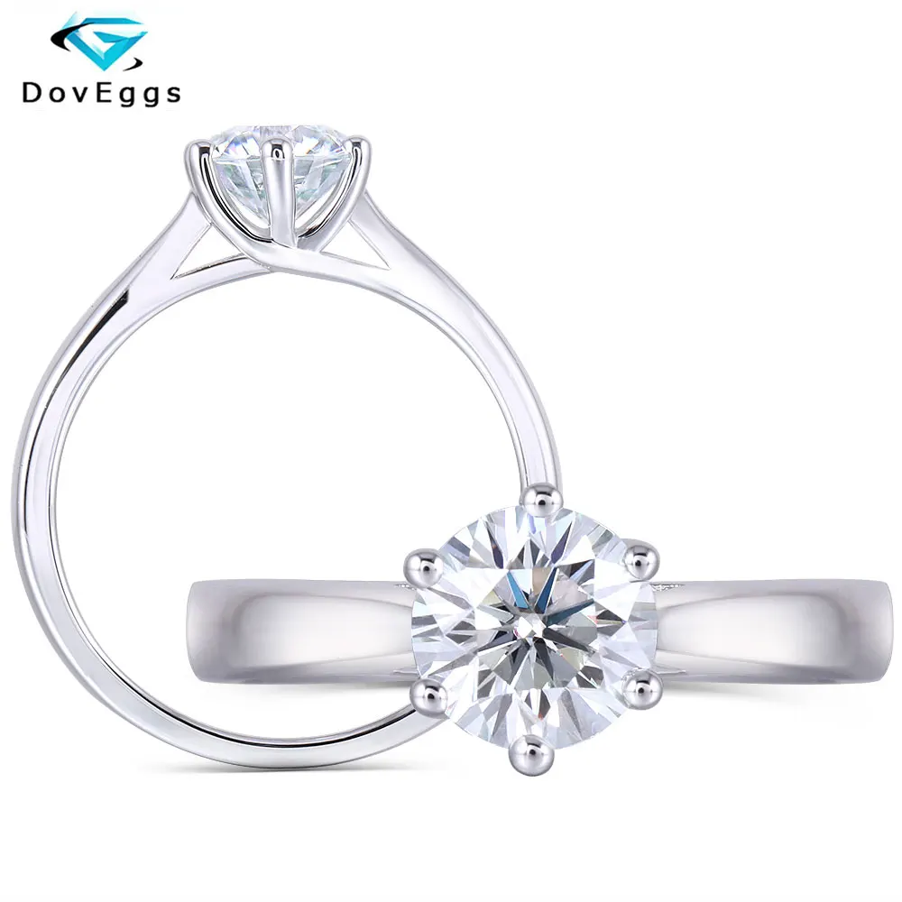 

DovEggs Platinum Plated Silver Center 1ct carat 6.5mm Slight Blue Moissanite Diamond Engagement Ring for Women Wedding Rings