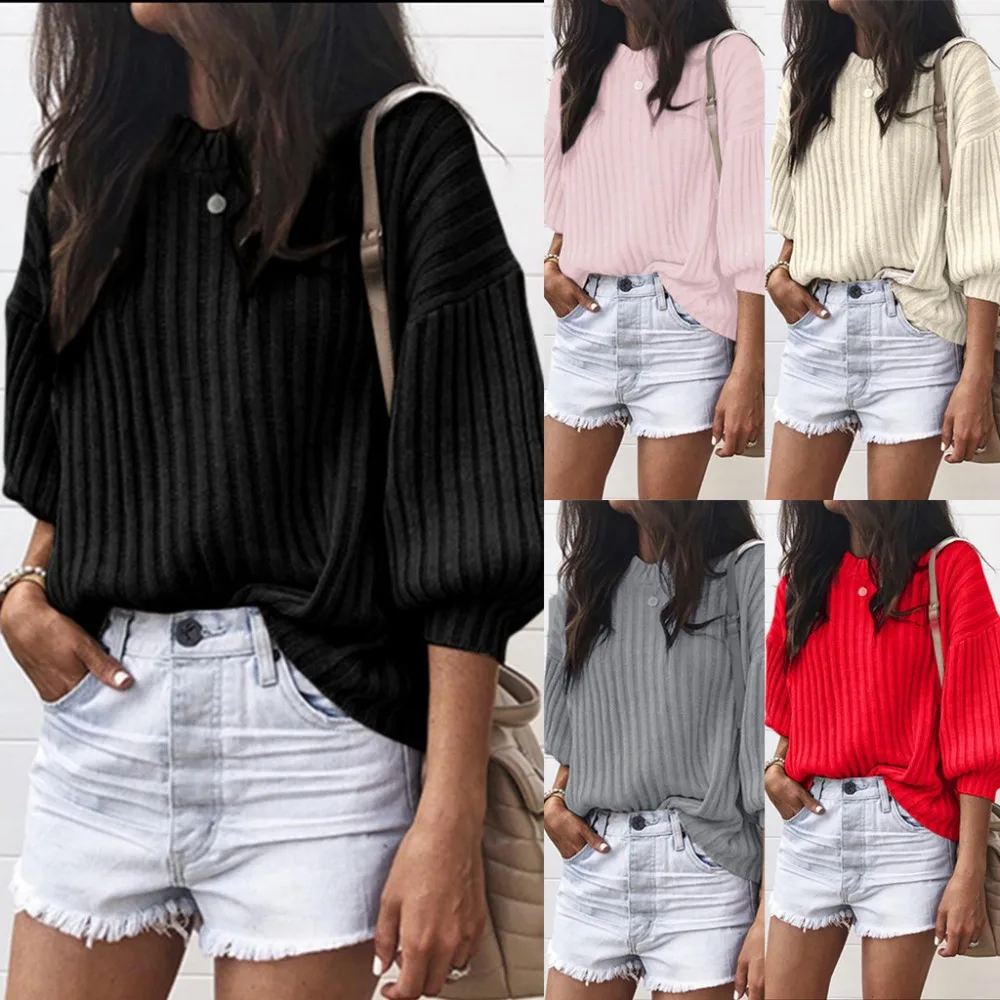 

5 COLORS plus size 5XL pull hiver femme Women autumn Solid O-Neck Loose Knitted 3/4 Latern Sleeve Pullover Sweater female jumper