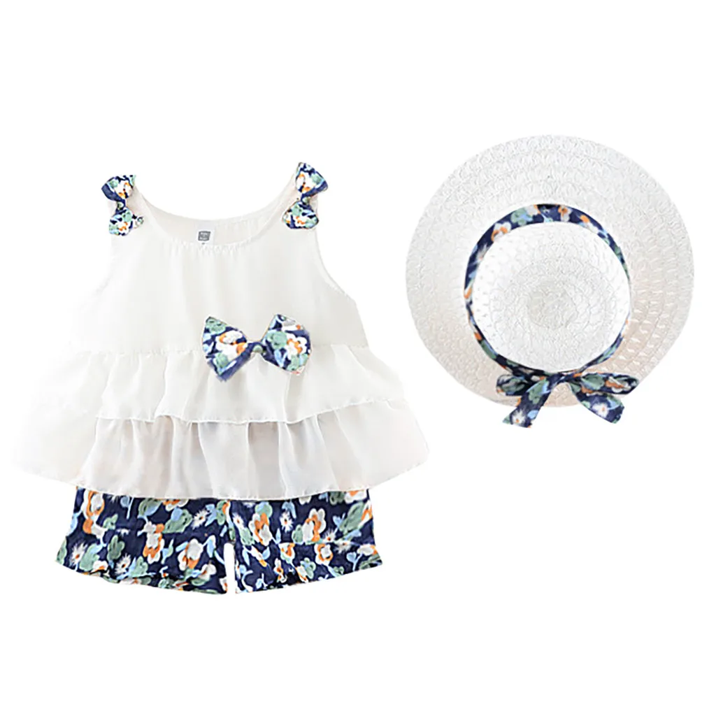 KLV/Милая Одежда для новорожденных девочек топы без рукавов с оборками и бантом для новорожденных девочек+ шорты с цветочным принтом+ шапочка, комплекты,# y20