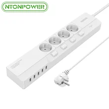 NTONPOWER NSJ USB Power Socket Extension Cord Surge Protection 4 AC Euro Plug Outlet Individual Switch