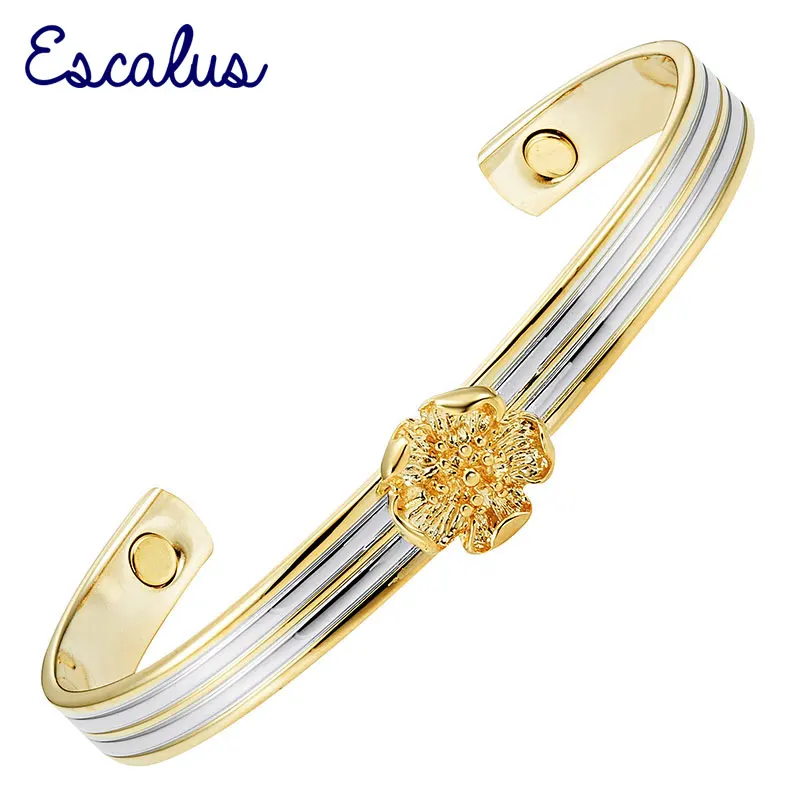 

Escalus Ladies 2-Tone Gold Silver Color Flower Magnetic Beauty Bangle Powerful Women Copper Charm Bracelet Jewelry Wristband