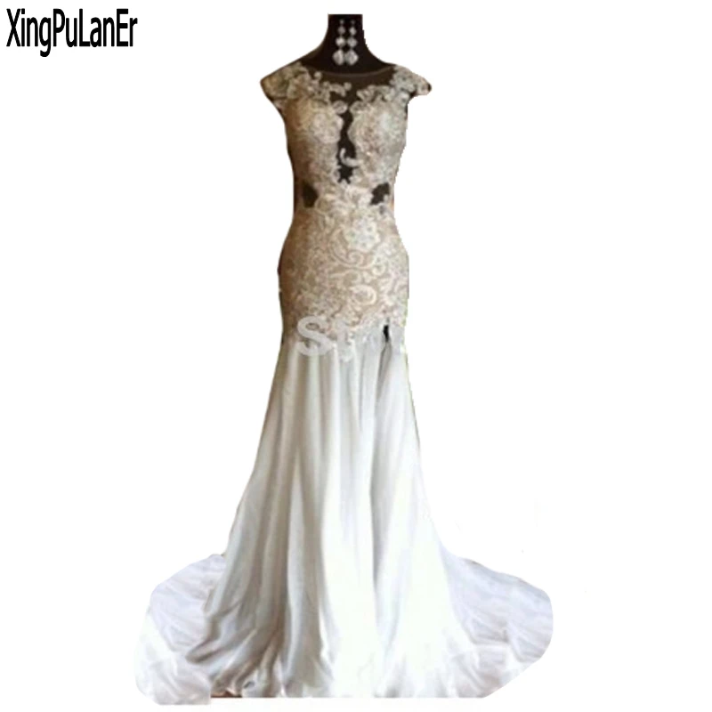 

Real Sample Scoop Neckline Mermaid Long White Lace Appliqued Court Train Short Sleeve Prom Dress Open Back Custom Made